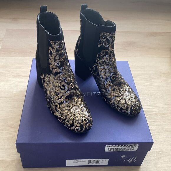 Stuart Weitzman Mediate Black Radiant Velvet Block Heel Booties - Picture 6 of 12